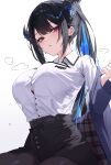  1girl absurdres black_hair black_pantyhose black_skirt blue_hair breasts button_gap demon_horns earrings high_ponytail highres hololive hololive_english horns jewelry large_breasts miniskirt mole mole_under_eye multicolored_hair nerissa_ravencroft nerissa_ravencroft_(casual) pantyhose parted_lips pencil_skirt ponytail red_eyes ruru_(ruru_nnnn) shirt shirt_tucked_in simple_background sitting skirt solo sweat two-tone_hair virtual_youtuber white_background white_shirt 