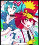  2girls apron black_choker black_necktie blue_dress blue_eyes blue_hair blue_hat blush bow buttons choker collared_dress collared_shirt confetti double-breasted dress drill_hair gloves hair_between_eyes hands_up hat hat_bow hatsune_miku icy_asairi kasane_teto long_hair mesmerizer_(vocaloid) multiple_girls necktie one_eye_closed open_mouth pinstripe_dress pinstripe_pattern red_bow sailor_collar shirt short_sleeves smiley_hat_ornament star-shaped_pupils star_(symbol) striped_bow suspenders symbol-shaped_pupils tongue tongue_out twin_drills twintails utau visor_cap vocaloid waist_apron white_apron white_bow wing_collar yellow_gloves 