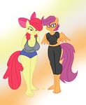  amber_eyes anthro anthrofied apple_bloom_(mlp) arms_behind_back bent_over bow breasts cleavage clothed clothing duo earth_pony equine female friendship_is_magic hair horse mammal my_little_pony mysteryfanboy718 pegasus pony purple_eyes purple_hair red_hair scootaloo_(mlp) shorts standing wings 