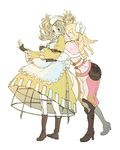  apron bad_id bad_pixiv_id blonde_hair blue_eyes boots bow bridal_gauntlets closed_eyes dress drill_hair fire_emblem fire_emblem:_kakusei hair_bow hoop_skirt hug hug_from_behind liz_(fire_emblem) mariabel_(fire_emblem) multiple_girls smile twintails yo_mo 