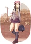  beanie black_legwear blush brown_eyes brown_hair cat hat hotaryuso kneehighs long_hair looking_back original scarf school_uniform shoes skirt 