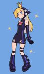  1girl :/ absurdres black_boots black_dress black_gloves blonde_hair blue_eyes blush_stickers boots bracelet commentary crown dress elbow_gloves full_body gloves highres jewelry kaatokun long_hair mario_(series) short_dress solo sparkle spiked_bracelet spikes thigh_strap turtleneck turtleneck_dress twitter_username warupeach 