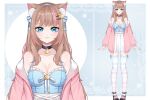  1girl :3 animal_ear_fluff animal_ears ankle_belt bare_shoulders bell belt black_belt black_choker black_shoes blue_background blue_bow blue_eyes blue_hairband blue_ribbon blue_sports_bra blunt_bangs border bow bra breasts brooch brown_hair cat_ears character_request cherry_blossoms choker circle cleavage closed_mouth commentary english_commentary eyelashes fingerless_gloves flower footwear_flower frilled_bra frills full_body gloves gradient_thighhighs hair_bow hair_ornament hairband hairclip indie_virtual_youtuber jacket jewelry lace large_breasts light_blush light_particles lips long_sleeves looking_at_viewer mary_janes miniskirt multicolored_hair neck_bell open_clothes open_jacket outside_border pink_flower pink_hair pink_lips pleated_skirt puffy_long_sleeves puffy_sleeves reference_sheet ribbon ribbon-trimmed_thighhighs ribbon_legwear ribbon_trim shoes skirt sleeve_bow smile sports_bra standing star_(symbol) star_brooch star_hair_ornament star_print streaked_hair striped_clothes striped_thighhighs thighhighs tsurime umikachi underwear virtual_youtuber white_border white_bow white_ribbon white_skirt white_thighhighs 
