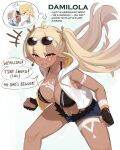  1boy 2girls aether_(genshin_impact) ahoge black_bra black_gloves blonde_hair blush bra breasts cleavage clenched_hands collarbone cowlick dark-skinned_female dark_skin earrings english_commentary english_text eyewear_on_head fingerless_gloves forehead-to-forehead genshin_impact gloves hair_between_eyes headband heads_together highres iansan_(genshin_impact) jacket jewelry large_breasts leaning_forward long_hair looking_at_viewer mockingeu multiple_girls necklace open_clothes open_jacket open_mouth original pointy_ears single_earring solo_focus stomach tinted_eyewear twintails underwear very_long_hair white_jacket yellow_eyes 
