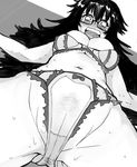  blush bra breasts dutch_angle frilled_bra frilled_panties frills from_below full-face_blush glasses greyscale highres large_breasts long_hair lying messy_hair monochrome on_back open_mouth panties partially_visible_vulva pov_crotch pubic_hair see-through semi-rimless_eyewear solo sweat under-rim_eyewear underwear underwear_only yonezawa_natsumi yugami_gooshu yuusha_to_maou 