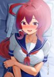 1girl ahoge blush breasts condom condom_packet_strip condom_wrapper dorachan_r hair_ribbon highres i-168_(kancolle) imminent_penetration kantai_collection long_hair looking_at_viewer pink_hair ponytail red_eyes red_hair ribbon school_swimsuit school_uniform serafuku serasuku smile swimsuit swimsuit_under_clothes twitter_username 
