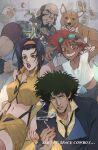  2boys 2girls adjusting_eyewear bald_spot beard black_coat black_hair black_necktie black_shorts brown_eyes cigarette coat commentary cowboy_bebop crop_top cup_ramen dark-skinned_female dark_skin edward_wong_hau_pepelu_tivrusky_iv ein_(cowboy_bebop) enerjax english_commentary english_text facial_hair faye_valentine frying_pan full_beard goggles goggles_on_head green-tinted_eyewear green_eyes green_hair green_pepper grin half-closed_eyes headband highres holding holding_cigarette holding_frying_pan jet_black looking_at_viewer looking_to_the_side medium_hair multiple_boys multiple_girls mushroom navel necktie open_mouth orange_headband parted_lips purple_hair red_hair red_lips red_shirt red_thighhighs scar scar_across_eye shirt short_hair shorts smile smoke smoking spike_spiegel suspenders thighhighs tinted_eyewear vest welsh_corgi white_shirt yellow_shirt yellow_shorts 