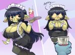 20pesos_sopa bare_shoulders beverage big_breasts black_clothing black_dress black_hair bodily_fluids breasts bulging_breasts cleavage clothed clothing collar dress drinking_straw english_text female female_focus first_person_view food fruit goblin green_body green_skin hair hi_res huge_breasts humanoid humanoid_pointy_ears lemon maid_headdress maid_uniform mary_(20pesos_sopa) plant pointy_ears sad solo solo_focus standing tears text uniform