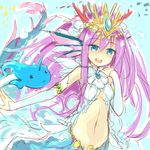  :&lt; armlet blue_eyes blush breasts bridal_gauntlets bubblie_(p&amp;d) cleavage coral creature frills groin hair_ornament hand_on_own_shoulder head_fins horn jewelry long_hair mermaid midriff monster_girl navel open_mouth purple_hair puzzle_&amp;_dragons siren_(p&amp;d) small_breasts solo tiara underwater water yukitarou_(awamori) 