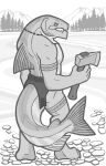 2017 9:14 anthro axe bottomwear chinook_salmon clothed clothing digitigrade fish full-length_portrait hi_res holding_object holding_weapon jewelry lake loincloth loincloth_only male marine monochrome necklace open_mouth plant portrait rear_view salmon salmonid_(fish) snarkysardine solo standing tattoo topless tree weapon