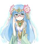  :o adjusting_eyewear aqua_eyes bare_shoulders bespectacled blue_hair blush detached_sleeves flower glasses hair_flower hair_ornament jewelry long_hair long_sleeves looking_at_viewer necklace open_mouth parvati_(p&amp;d) puzzle_&amp;_dragons red-framed_eyewear semi-rimless_eyewear simple_background solo under-rim_eyewear upper_body white_background yukitarou_(awamori) 