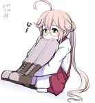  2014 ahoge blush dated glasses kantai_collection leg_hug long_hair makigumo_(kantai_collection) momo_(higanbana_and_girl) pantyhose pink_hair school_uniform sitting skirt sleeves_past_wrists solo twintails yellow_eyes 