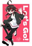  1girl absurdres ahoge black_pants brown_hair english_text full_body generalcanon grey_jacket hair_between_eyes hand_up headband highres holding holding_skateboard jacket leg_up long_sleeves looking_at_another open_clothes open_jacket open_mouth original outside_border pants red_eyes red_headband shirt shoes signature skateboard smile sneakers solo white_shirt white_shoes 