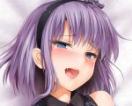  1girl bangs bare_shoulders black_hairband blastbeat blue_eyes blush bow dagashi_kashi hairband looking_at_viewer nail_polish open_mouth purple_hair red_bow red_nails saliva shidare_hotaru short_hair solo 