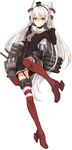  adjusting_hair amatsukaze_(kantai_collection) brown_eyes kantai_collection long_hair miruto_netsuki rensouhou-kun solo standing standing_on_one_leg striped striped_legwear thighhighs two_side_up very_long_hair white_background white_hair 