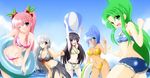  ball banemumu beachball bikini black_hair blue_eyes blue_hair brown_eyes dark_skin fang green_eyes green_hair hair_over_one_eye innertube long_hair multiple_girls one_eye_closed original pink_hair ponytail purple_eyes sarong shorts silver_hair swimsuit twintails 