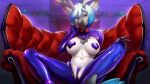 16:9 anthro bdsm biped blue_eyes blue_hair bodily_fluids breasts clothed clothing deer digital_media_(artwork) duct_tape fallow female female_anthro fur furniture garland genitals hair horn latex latex_clothing leonileo looking_at_viewer mammal mistress moose new_world_deer on_sofa pussy red_sofa smile sofa solo spread_legs spreading tape white_body widescreen