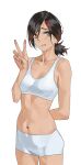  1girl black_hair breasts brown_eyes chainsaw_man hair_ornament hairclip hand_up higashiyama_kobeni light_blush mole mole_on_cheek mole_under_eye mole_under_mouth multiple_moles navel ponytail short_ponytail simple_background small_breasts solo sports_bra tbocart underwear v white_background white_sports_bra 