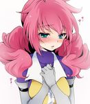  blush drill_hair elbow_gloves feldt_grace gloves green_eyes gundam gundam_00 hands_clasped image_sample long_hair own_hands_together pink_hair plum_(arch) solo twin_drills twintails twitter_sample upper_body white_background zipper 