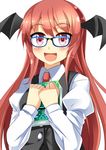  :d bat_wings bespectacled black_dress blue-framed_eyewear blush book book_hug dress e.o. glasses head_wings highres holding holding_book juliet_sleeves koakuma long_hair long_sleeves necktie open_mouth pink_eyes puffy_sleeves red_hair red_neckwear simple_background smile solo touhou upper_body very_long_hair white_background wings 