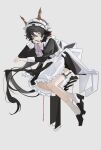  1boy absurdres alternate_costume apron arknights back_bow bare_legs black_shoes blush bow bowtie chinese_commentary commentary crossdressing dress ebenholz_(arknights) frilled_dress frills full_body garter_straps goat_horns grey_background hair_between_eyes hana_soretsu head_rest highres horns invisible_chair juliet_sleeves long_sleeves looking_at_viewer maid maid_apron maid_headdress male_focus male_maid otoko_no_ko puffy_sleeves purple_hair shoes simple_background sitting socks spiral_horn white_bow white_bowtie white_socks 