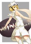  1girl bleach bleach:_the_thousand-year_blood_war blonde_hair bob_cut gloves hat liltotto_lamperd looking_at_viewer looking_back namakemono_(u446644k) peaked_cap quincy quincy_(bleach) sharp_teeth short_hair sleeveless solo teeth thighhighs uniform white_gloves white_hat white_legwear yellow_eyes 