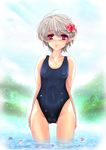  blush bulge covered_nipples elf flower hair_flower hair_ornament hibiscus highres male_focus one-piece_swimsuit original otoko_no_ko pink_eyes pointy_ears riria school_swimsuit short_hair silver_hair solo standing swimsuit wading water 