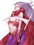  breasts cape chrono_trigger covered_nipples fumio_(rsqkr) genderswap genderswap_(mtf) gloves large_breasts long_hair looking_at_viewer magus pantyhose pointy_ears purple_hair red_eyes scythe simple_background solo white_background 