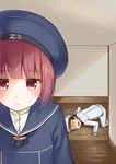  admiral_(kantai_collection) all_fours blush brown_eyes brown_hair buttons clothes_writing expressionless hat indoors kantai_collection long_sleeves masuishi_kinoto military military_uniform peeking sailor_collar sailor_hat short_hair stairs uniform wooden_floor z3_max_schultz_(kantai_collection) 