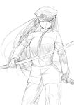  female_admiral_(kantai_collection) greyscale hat highres kantai_collection long_hair military military_uniform monochrome naval_uniform niwatazumi sketch solo sword tatebayashi_sakurako uniform weapon 