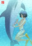  1girl ahoge anus bestiality bikini black_hair breasts dolphin hair_ornament handjob large_breasts large_penis machino_henmaru penis puffy_nipples sex short_hair swimsuit 