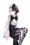  1girl absurdres alternate_costume arm_support black_hair black_nails black_skirt checkered_pantyhose highres hololive hololive_english invisible_chair kurochanai long_hair looking_at_viewer multicolored_hair pantyhose shiori_novella shirt simple_background sitting skirt solo split-color_hair striped_clothes striped_pantyhose virtual_youtuber white_background white_hair white_pantyhose white_shirt yellow_eyes 