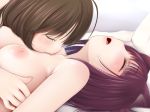  2girls animal_ears bare_shoulders bed bed_sheet breasts brown_hair commentary_request eyes_closed hug kiss kissing_breast kozue_akari large_breasts lying multiple_girls nipples nude on_back open_mouth original pillow purple_hair yuri 