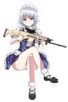  ankle_socks assault_rifle bow braid crossed_legs flash_suppressor fn_scar fn_scar_17 frilled_skirt frills gun hair_bow highres izayoi_sakuya looking_at_viewer maid_headdress ole1942 panties pantyshot pantyshot_(sitting) purple_eyes rifle scope short_hair short_sleeves silver_hair simple_background sitting skirt skirt_set smile solo touhou twin_braids underwear weapon white_background white_panties 