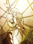  armor chain enkidu_(fate/strange_fake) enkidu_(weapon) fate/strange_fake fate/zero fate_(series) gilgamesh hug long_hair monochrome multiple_boys sepia sindri 