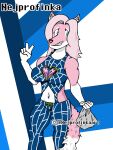 3:4 anthro bag blue_eyes breasts canid canine canis carrying_bag cosplay female fur gesture hair hand_gesture hi_res jojo&#039;s_bizarre_adventure jolyne_cujoh mammal nejprofinka nejprofinka_(artist) pink_body pink_fur pink_hair pink_nose plastic_bag solo v_sign white_body white_fur wolf