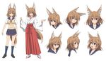  animal_ears bad_id bad_pixiv_id blush brown_eyes brown_hair character_sheet expressions fox_ears fox_girl fox_tail hakama highres japanese_clothes looking_at_viewer miko multiple_views open_mouth original red_hakama sandals school_uniform shira-nyoro short_hair simple_background smile sweatdrop tail tears white_background wide_sleeves youkai 