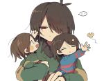  ... blue_sweater brown_hair chara_(undertale) closed_mouth deltarune frisk_(undertale) grabbing_another&#039;s_ear green_sweater hand_on_another&#039;s_ear highres holding kawar1117552 kris_(deltarune) multiple_others one_eye_covered open_mouth other_focus red_eyes short_hair simple_background smile spoken_ellipsis sweater undertale white_background 