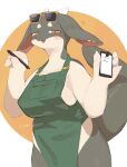 2025 absurd_res anthro apron apron_only big_breasts blush blush_lines breasts cellphone circle_eyebrows claws clothing digital_drawing_(artwork) digital_media_(artwork) dragon ear_piercing ear_ring electronics eyebrows eyewear eyewear_on_head female finger_claws floppy_ears green_apron green_clothing grey_body hairless happy heart_symbol hi_res horn japanese_description kemono latte_(sme4) looking_at_viewer multicolored_body mythological_creature mythological_scalie mythology open_mouth orange_eyes phone piercing pupils ring_piercing scalie side_boob simple_background slightly_chubby slit_pupils smartphone sme4 smile snout solo squinted_eyes standing sunglasses sunglasses_on_head tablet_pen tail tan_body thick_tail thick_thighs three-quarter_view two_tone_body watermark white_eyebrows