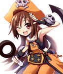  anchor brown_eyes brown_hair fingerless_gloves flat_chest gloves guilty_gear hat huge_weapon long_hair masa_tarou may_(guilty_gear) orange_hat orange_shirt overalls pirate pirate_hat salute shirt skull_and_crossbones solo weapon 