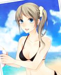  ball beach bikini blue_eyes breasts brown_hair cleavage cloud day dutch_angle earrings highres jewelry long_hair medium_breasts original outdoors sand scrunchie side_ponytail sky smile solo swimsuit wakatsuki_you water 