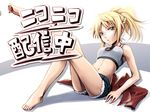  bad_id bad_pixiv_id bandeau barefoot blonde_hair braid fate/apocrypha fate_(series) french_braid green_eyes long_hair midriff mordred_(fate) mordred_(fate)_(all) navel ponytail shorts solo strapless uraomote 