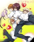  1girl 3boys ass blush d-frag! eyes_closed glasses heart kawahara_ataru kazama_kenji multiple_boys necktie open_mouth orange_eyes orange_hair pants purple_eyes purple_hair shibasaki_roka shiou_hachi shoes short_hair twintails yellow_eyes 