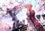  armband blonde_hair blue_sky cherry_blossoms day dress dutch_angle facing_away frilled_dress frills from_behind hair_ribbon hair_up hat japanese_clothes juliet_sleeves katana kimono konpaku_youmu konpaku_youmu_(ghost) long_sleeves mob_cap multiple_girls outdoors petals pink_hair puffy_sleeves ran_(pixiv2957827) ribbon saigyou_ayakashi saigyouji_yuyuko short_hair sidelocks silver_hair sitting skirt skirt_set sky stairs stone_lantern sword tabard touhou triangular_headpiece trigram weapon yakumo_yukari yin_yang 