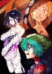  3boys absurdres bare_shoulders black_hair blonde_hair blood blood_from_mouth blood_on_clothes blood_on_face blood_on_hands blood_splatter blue_eyes checkered_clothes checkered_scarf collarbone colored_eyelashes commentary crying danganronpa_(series) danganronpa_v3:_killing_harmony finger_to_mouth flipped_hair from_side green_hair grin hair_between_eyes hat heterochromia highres hiyori_sou hood hood_up hoodie index_finger_raised kagerou_project kano_shuuya kimi_ga_shine light_particles long_sleeves looking_at_viewer male_focus medium_hair multiple_boys oma_kokichi outline pants pink_blood profile purple_eyes purple_hair red_eyes scarf short_hair shushing smile smirk sweat taigaai4649 thigh_strap two-tone_scarf undressing very_short_hair white_outline white_pants yellow_eyes 