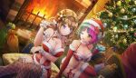  2girls antlers arm_under_breasts bikini box breasts brown_hair christmas christmas_tree cleavage corset dolphin_wave elbow_gloves fireplace fishnet_thighhighs fishnets flipped_hair fur-trimmed_gloves fur-trimmed_legwear fur_trim game_cg gift gift_bag gift_box gloves green_hair hair_intakes hair_ribbon hat helly_lewis highres holding holding_gift horns large_breasts long_hair looking_at_another multicolored_hair multiple_girls non-web_source official_art one_eye_closed ootomo_takuji orange_eyes purple_eyes purple_hair reindeer_antlers ribbon santa_hat short_hair suminoe_shion swimsuit thighhighs wavy_hair 