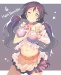 breasts choker green_eyes grin happy_birthday heart heart_hands large_breasts long_hair looking_at_viewer love_live! love_live!_school_idol_project music_s.t.a.r.t!! navel one_eye_closed skirt smile solo star toujou_nozomi twintails yoo_(tabi_no_shiori) 