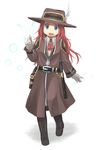  belt blue_eyes boots bug butterfly coat gloves hat highres insect long_hair nishimura_(prism_engine) original red_hair shoulder_pads solo western white_gloves 