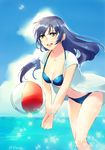  ball beachball bikini blue_hair earrings jewelry love_live! love_live!_school_idol_project solo sonoda_umi swimsuit tida_kietsungden water yellow_eyes 