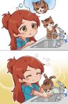  1girl :o =_= blue_jacket blush brown_cat brown_hair cat closed_eyes drawstring drinking highres hood hooded_jacket idolmaster idolmaster_million_live! ikumi_(iq3) imagining jacket kobun_(idolmaster) ogami_tamaki short_sleeves side_ponytail smile speech_bubble tabby_cat tail tail_wagging thought_bubble upper_body water white_background yellow_background yellow_eyes 